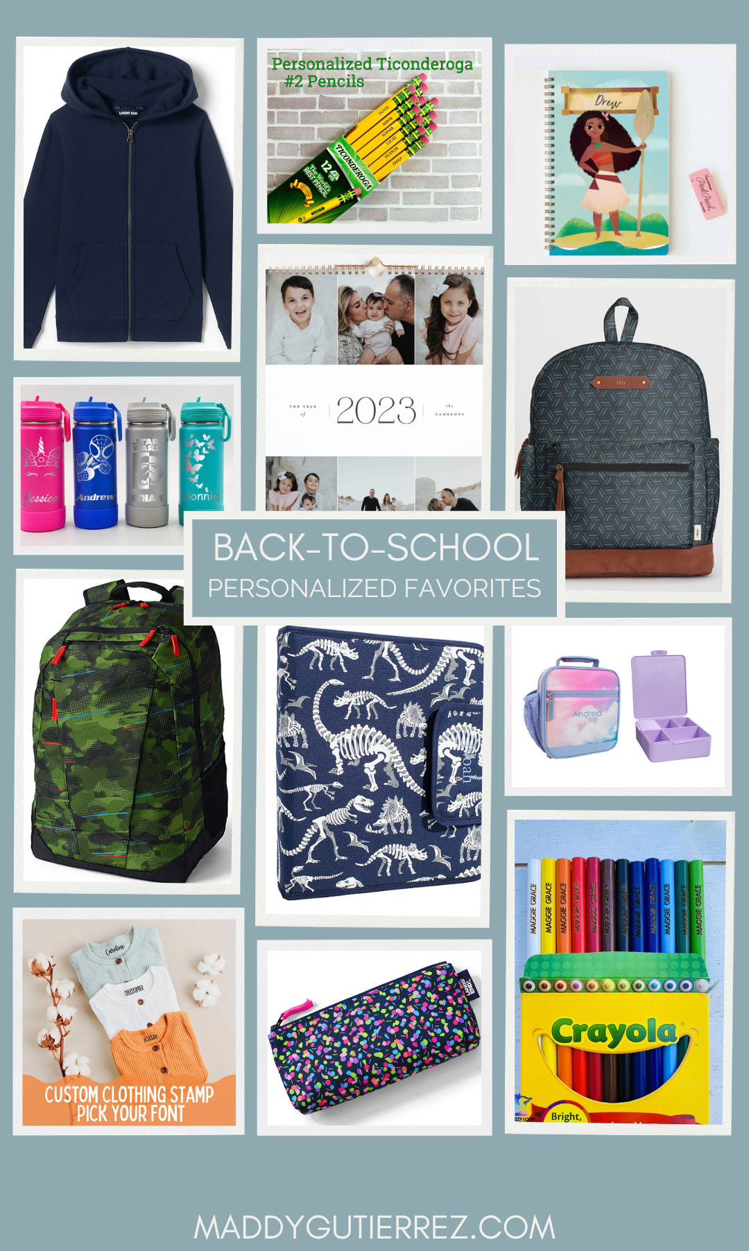 collage of back to school items that can be personalized